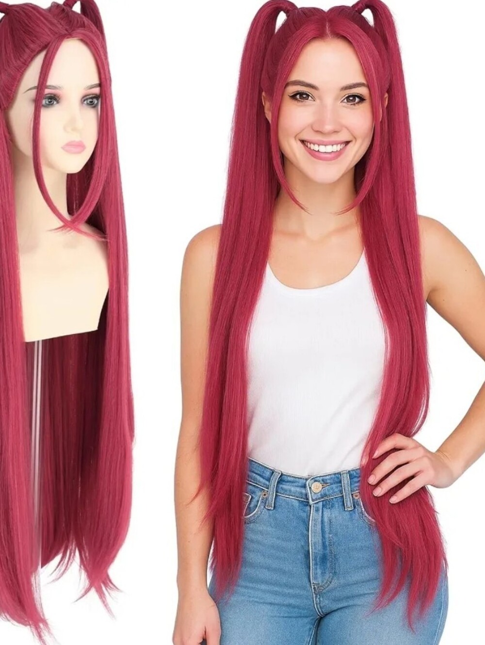 39 Inches Long Red Wig with 2 Ponytails for Women - Anime Cosplay Wigs for Women